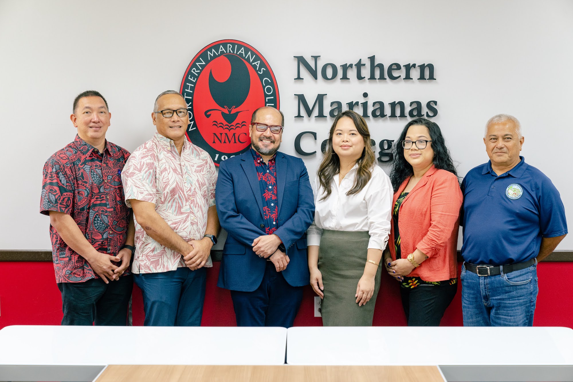 From left to right, Northern Marianas College regent Jesse M. Tudela, Board of Regents chair Charles V. Cepeda, NMC president Dr. Galvin Deleon Guerrero, regent Michelle L. Sablan, regent Zenie P. Mafnas, and NMC Foundation board chair Vicente Babauta after the press conference announcing Deleon Guerrero’s four-year contract renewal as NMC president yesterday morning at the Board of Regents conference room at the NMC campus.